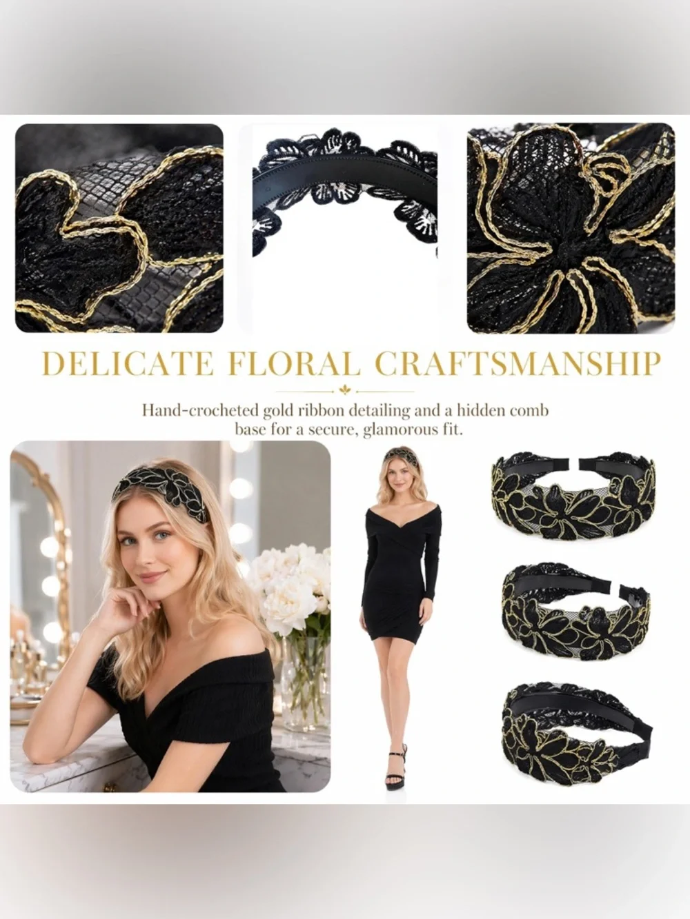 Flapper Headband for Women 1920s Vintage Floral Headpiece Elegant Black and Gold